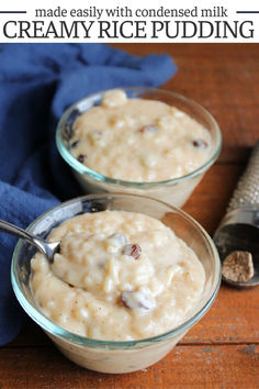 two small bowls filled with creamy rice pudding