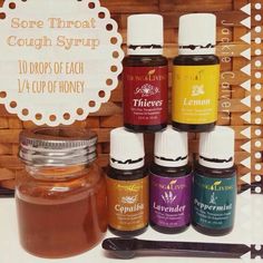 Sore throat cough syrup Oil For Cough, Essential Oils For Cough, Oils For Sinus, Young Living Recipes, Essential Oils For Headaches, Essential Oils For Kids, Yl Oils, Yl Essential Oils