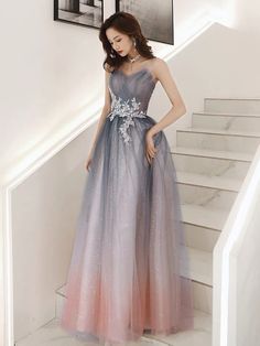 Elegant Gradient Color Party Dress, Elegant Ombre Dress For Prom, Elegant Ombre Prom Dress, Prom Dresses Long Princesses, Prom Dresses Shiny, Dresses Unique, Strapless Prom Dresses, Dreamy Dress, Unique Dresses