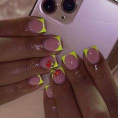 Neon Yellow French Tip Nails with a 3D cherry charm on each hand. 12 Nails, Prep Kit &, Application Instructions Included. The Nail Sizing Is Universal, If You Want Exact Sizing You Can Purchase A Sizing Kit Or Use The Sizing Chart. (Not My Photo). Can Replicate All Designs. Short Acrylic Frenchies, Neon Yellow French Tip, Neon Yellow French Tip Nails, Vacation Nails Black Women, Summer Nails Black Women, Short Nail Sets, Yellow French Tip Nails, Yellow French Tip, Yellow French