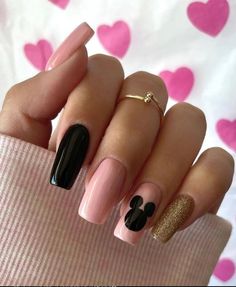 Black Nails Manicure, Nails Manicure And Pedicure, Pink Gold Nails, Black Acrylic Nail Designs, Mouse Nails, Nail Art Idea, Black Acrylic Nails