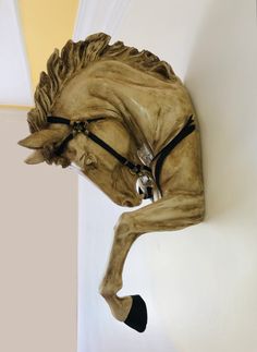 a horse head mounted to the side of a wall