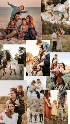 a collage of people posing for pictures on the beach with their arms around each other