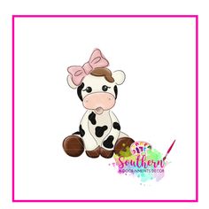 a cow with a pink bow sitting in front of a white background and purple border