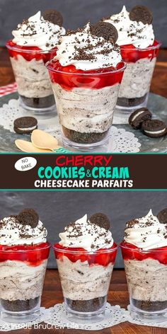 cookies and cream cheesecake parfaits with oreo cookies in the middle on top