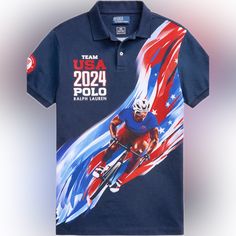 a polo shirt with an image of a man on a bike in the usa flag colors