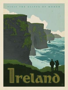 there is a poster with people standing on the cliff by the ocean and cliffs in the background