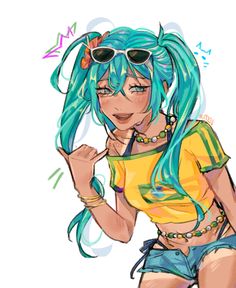 a drawing of a girl with blue hair and sunglasses on her head, wearing shorts