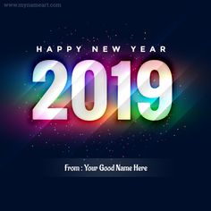 happy new year 2019 from your good name here with colorful lights and stars on dark background