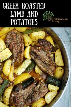 greek roasted lamb and potatoes in a skillet with text overlay that reads greek roasted lamb and potatoes