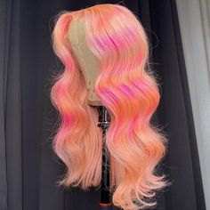 NHA Pink Cantaloupe Color Ombre Body Wave Lace Front Wig Body Wave Lace Front Wig, Bangs Ponytail, Hair Color Orange, Wave Lace Front Wig, Mint Hair, Purple Wig, Green Wig, Pink Wig, Women's Wigs