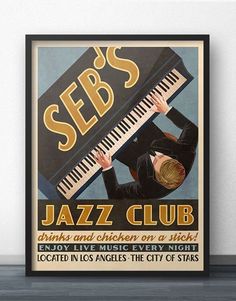 a poster with a woman playing the piano and words seb's jazz club