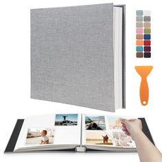 an open photo book with multiple pictures and a hand pointing at the page, next to it