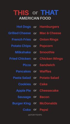 the american food menu is shown in red, white and blue on a black background