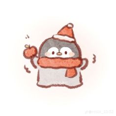 a drawing of a penguin wearing a santa hat and scarf with an apple in its hand