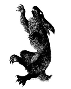 a black and white drawing of a large animal with its arms outstretched in the air