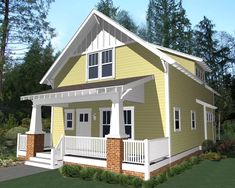 this is a computer rendering of a small house with porches on the front and side