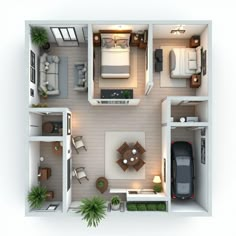 an overhead view of a two bedroom apartment