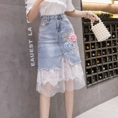 Women Patchwork Skirts Denim Mesh Embroidery Floral Beaded Midi Blue Casual Blue Please note this is in Asian sizing, smaller than western size e.g. UK, US, AU. Please check the measurements carefully before making a purchase. Please allow 2-4cm discrepancy due to different measurement method. If you are not sure which size to buy, please provide height and weight, we will recommend a suitable size. Photos may slightly different from actual item's color due to the lighting during photo shooting Chiffon Coat, Denim Shorts Outfit, Denim On Denim, Patchwork Skirt, Blue Tulle, Outfit Jeans