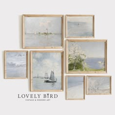 the lovely bird wall art collection is shown in multiple frames, with sailboats and boats on