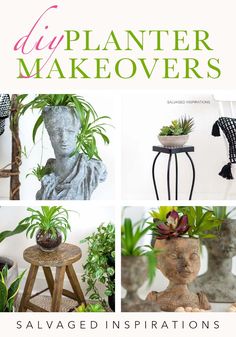 the cover of an article about diy planter makeovers, with images of statues and potted plants