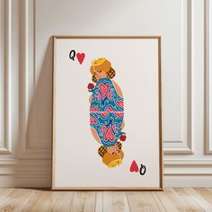 a framed print of a bear with hearts on it's chest, in front of a white wall