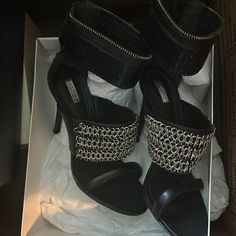 Never Worn Chainmail And Sequin Heel Silver High Heels With Chain Strap, Chic Silver Heels With Chain Strap, Silver Heels With Chain Strap, Black Heels With Chain For Party, Sequin Heels, Chain Mail, Ankle Strap Heels, Cute Shoes, Shoes Women Heels