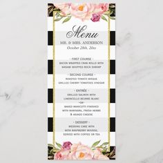 wedding menu card with pink roses on black and white stripes