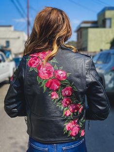 "This classic black leather biker jacket has been hand painted with romantic florals along the back, left arm and front right lapel.  Distinctive brushstrokes create each unique flower along the jacket. It is one of a kind (just like you).  \"Ooh la la\" is hand lettered on the inside lapel in rose gold, visible only to the person wearing the jacket.  Brand: First Manufacturing Co Brand new, with tags Size: XS (fit is true to size) Hand-painted with Angelus leather paint and signed by the artist MEASUREMENTS Shoulder: 16.5\" Bodice length: 21.5\" Bust: 17\" (while zippered, across chest laying flat) Arm length: 24\" Painted Leather Jacket  Leather Painter  Custom Leather Jacket  Bride Leather Jacket  Biker Jacket  Wedding Jacket  Fall Bride  Winter Bride Leather Jacket Bride Rock n Roll Br Painting Leather Jacket, Leather Jacket Painting, Diy Leather Jacket, Painted Wallet, Floral Leather Jacket, Hand Painted Leather Jacket, Bride Winter, Leather Painting, Hand Painted Jacket