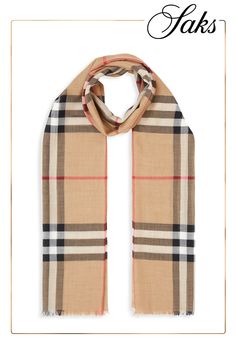 Iconic brand's tartan makes this scarf an essential 27.5W x 84.5L Wool/silk/viscose/metallic fiber Dry clean Made in Italy ABOUT THE BRAND Giant Check, Burberry Classic, Burberry Scarf, Checked Scarf, Burberry Accessories, Designer Scarves, Lightweight Scarf, Silk Wool, Cashmere Scarf