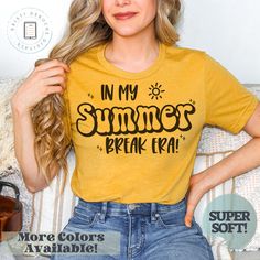 In My Summer Break Era, Disco Summer Break Shirt, End of School Year Teacher Tee, Teacher T-shirt, Era Teacher, Gift for Era Teacher OTHER ERA SHIRTS: https://www.etsy.com/shop/KristiDeRoche?ref=simple-shop-header-name&listing_id=1467667462&search_query=era UPGRADE TO COMFORT COLORS BRAND TEE HERE: https://kristideroche.etsy.com/listing/1683182149/upgrade-any-tshirt-to-a-comfort-colors-t Everyone needs the perfect t-shirt to complement an everyday, laid-back look. The ideal top for so many occas Funny Yellow Top With Letter Print, Funny Yellow Tops With Letter Print, Yellow Crew Neck Top With Funny Text, Yellow Graphic Tee With Funny Text, Era Shirts, School's Out For Summer, State Testing, End Of School Year, End Of School