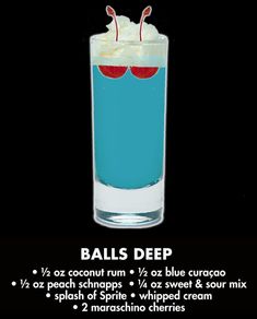 a tall glass filled with blue liquid and topped with whipped cream, cherries, and balls deep