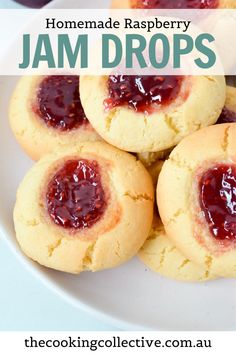 jam drop cookies on a white plate with text overlay