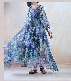 Colorful world blue chiffon maxi dress floral sundress holiday dressesThis dress is made of cotton linen fabric, soft and breathy, suitable for summer, so loose dresses to make you comfortable all the time.Measurement: One Size: Shoulder 42cm / 16.38" Bust 110cm / 42.9" Sleeve Length 58cm / 22.62" length 123cm / 47.97" Waist 148cm / 57.72" Armhole 42cm / 16.38"Fabric: Outside layer: Chiffon; Inside layer: Cotton Blue Chiffon Maxi Dress, Dresses To Make, Linen Dress Summer, Floral Chiffon Maxi Dress, Maxi Dress Floral, Loose Dresses, Colorful World, Floral Sundress, Cotton Linen Fabric