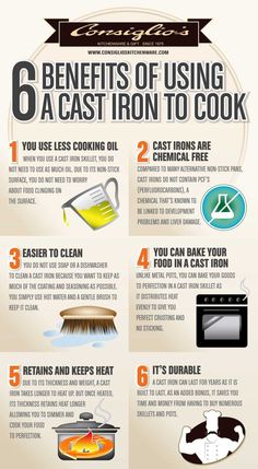 the benefits of using a cast iron to cook info poster with instructions on how to use it