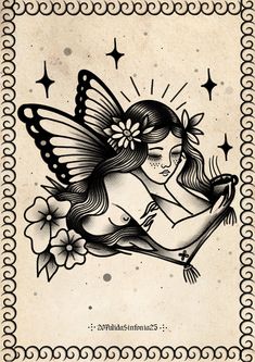 a black and white drawing of a woman with flowers on her head holding a butterfly