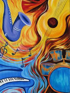 an abstract painting with musical instruments and music notes in blue, orange, yellow and red colors