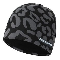 a black and grey beanie with leopard print