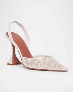 Amina Muaddi Holli Lace Slingback Pumps | Neiman Marcus White Lace Heels, Simple Wedding Shoes, Amina Muaddi Heels, Bridal Shoes Low Heel, Ivory Pumps, Wedding Pumps, Lace Heels, Amina Muaddi, White Heels