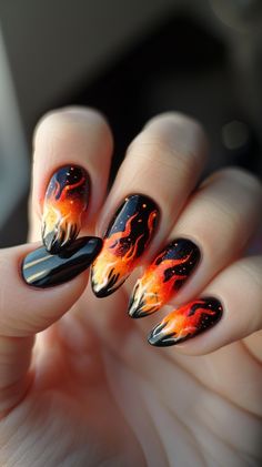 30 Flame Nail Designs to Heat Up Your Look 12 Vibrant Orange, Showcase Design, Halloween Nails, Vibrant Red