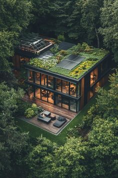 Garden House Architecture, Barndominium With Solar Panels, Modern House With Greenhouse, Off Grid Garden Ideas, Modern Forest House Floor Plans, House With Atrium In The Middle, Roof Garden Ideas Modern, Modern Greenhouse Attached To House, Japanese Inspired House Exterior