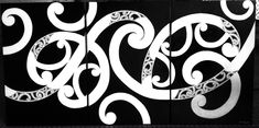 two black and white paintings with swirls on them, one has an intricate design