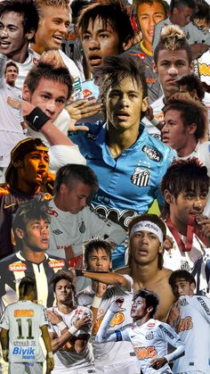 the collage shows many different soccer players and their name on each player's shirt