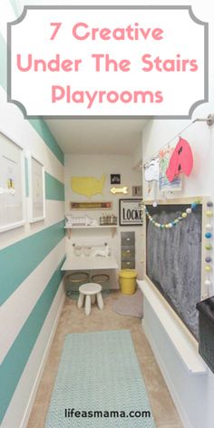 a bathroom with blue and white stripes on the walls, and an area rug that says 7 creative under the stairs playrooms