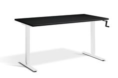 a black desk with white legs and a black top on an isolated white background, viewed from the front