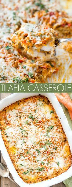 a casserole dish filled with lasagna and topped with cheese