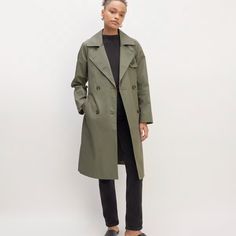 The Cotton Modern Trench Coat Pewter Green – Everlane Classic Pea Coat With Belted Cuffs For Spring, Double-breasted Fall Workwear Raincoat, Fall Workwear Double-breasted Raincoat, Classic Gabardine Raincoat For Spring, Classic Long Raincoat For Fall, Classic Spring Gabardine Raincoat, Classic Spring Raincoat In Gabardine, Gabardine Workwear Raincoat For Fall, Fall Workwear Gabardine Raincoat