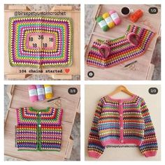 crocheted sweaters with different colors and patterns on them, including one in the middle