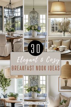 the words, elegant and cozy breakfast nook ideas are displayed in this collage