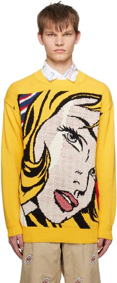 Knit cotton- and silk-blend sweater. · Rib knit crewneck, hem, and cuffs · Intarsia graphic at front Part of Junya Watanabe MAN Roy Lichtenstein capsule collection. Supplier color: Yellow Graphic Sweater Outfit, Chambray Jacket, Camo Sweater, Roy Lichtenstein, Checked Jacket, Graphic Sweaters, Satin Jackets, Twill Shorts, Junya Watanabe